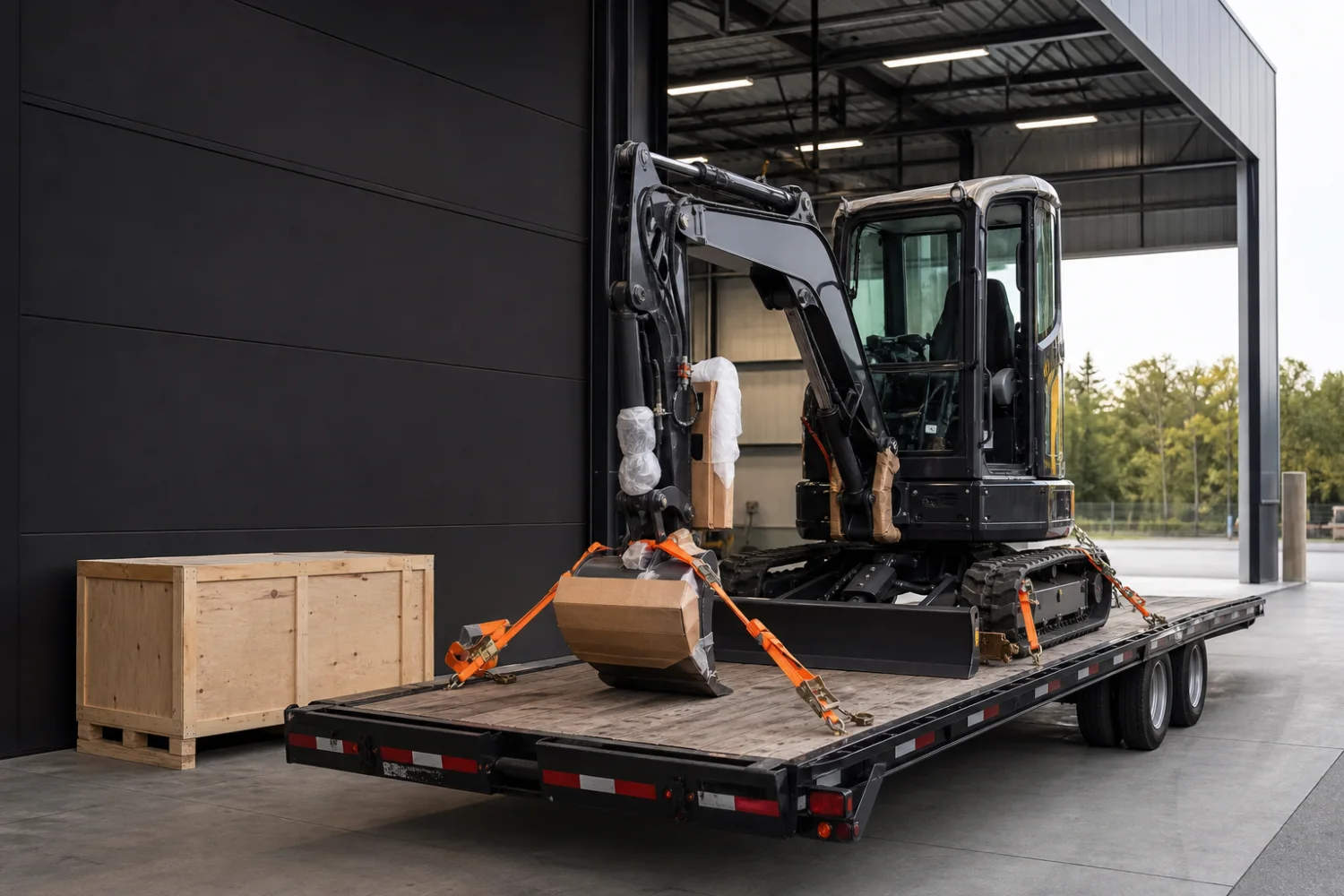 Compact excavator professionally secured for freight delivery